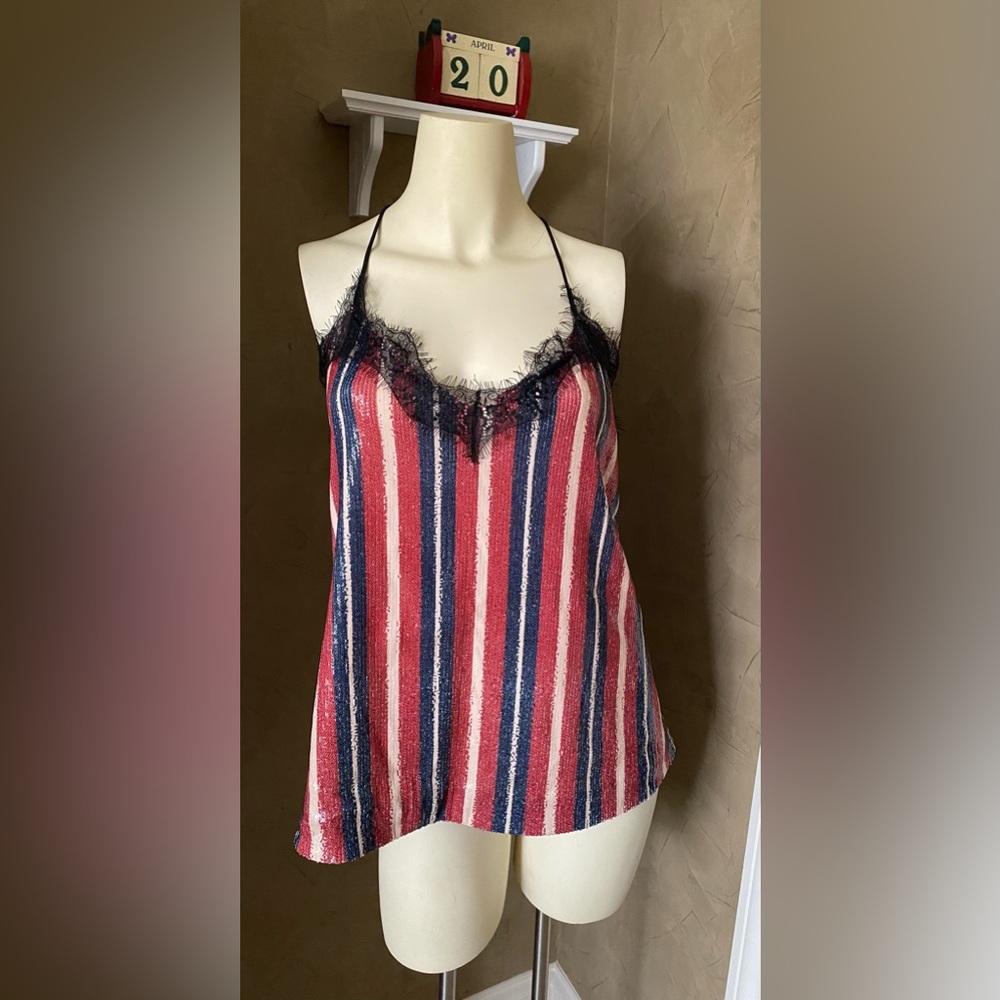 NWT! Zara Basic Sequin & Lace Striped Camisole women’s XL, stretch material.